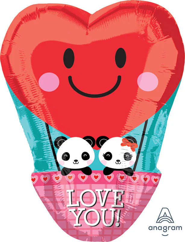 Love You! Hot Air Balloon Pandas - 17 Inch Mylar Balloon