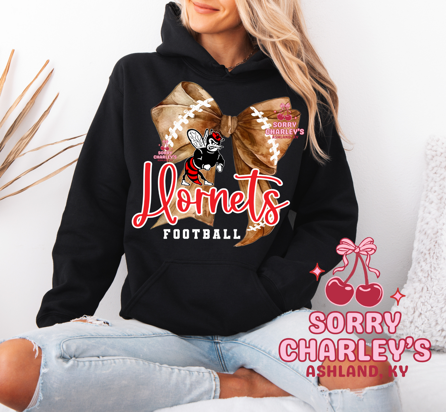 Customizable Watercolor Football Bow T-Shirt Crewneck or Hoodie