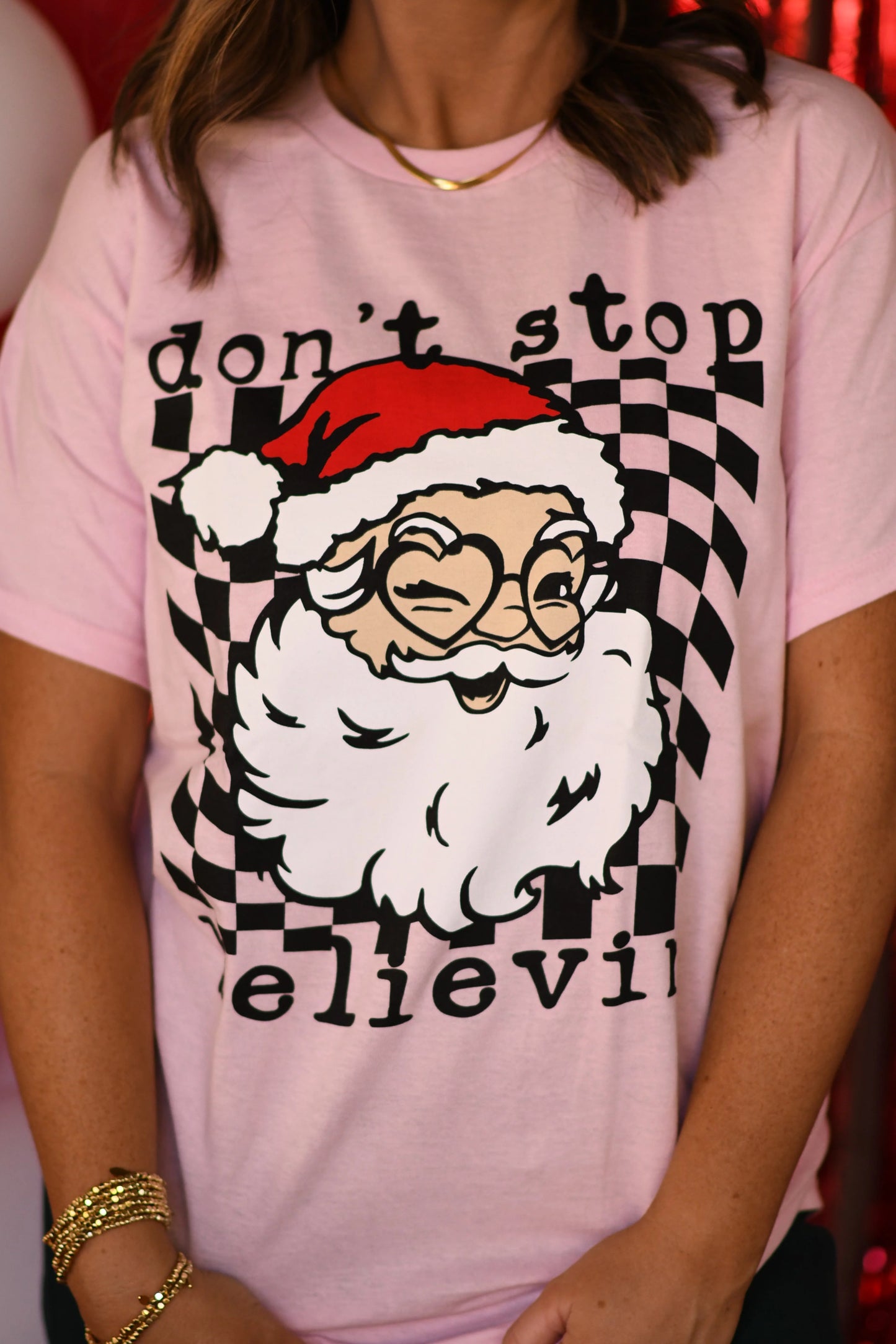 Don’t Stop Believin ~ Gray or Pink Santa Tee