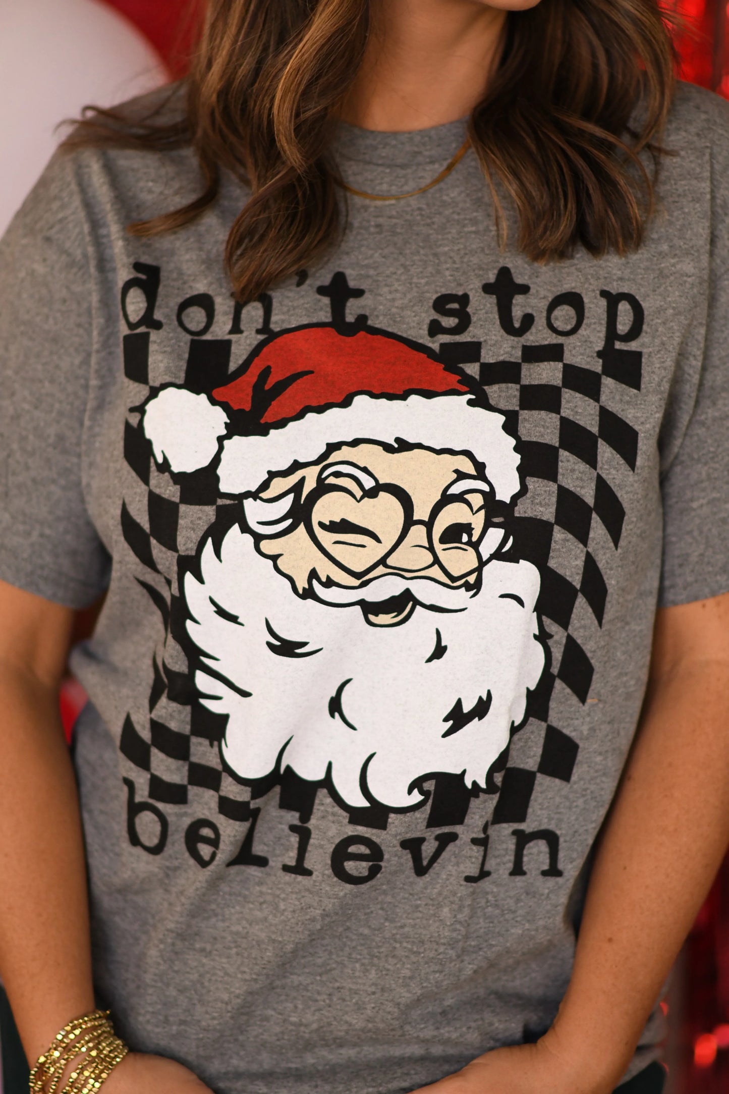 Don’t Stop Believin ~ Gray or Pink Santa Tee