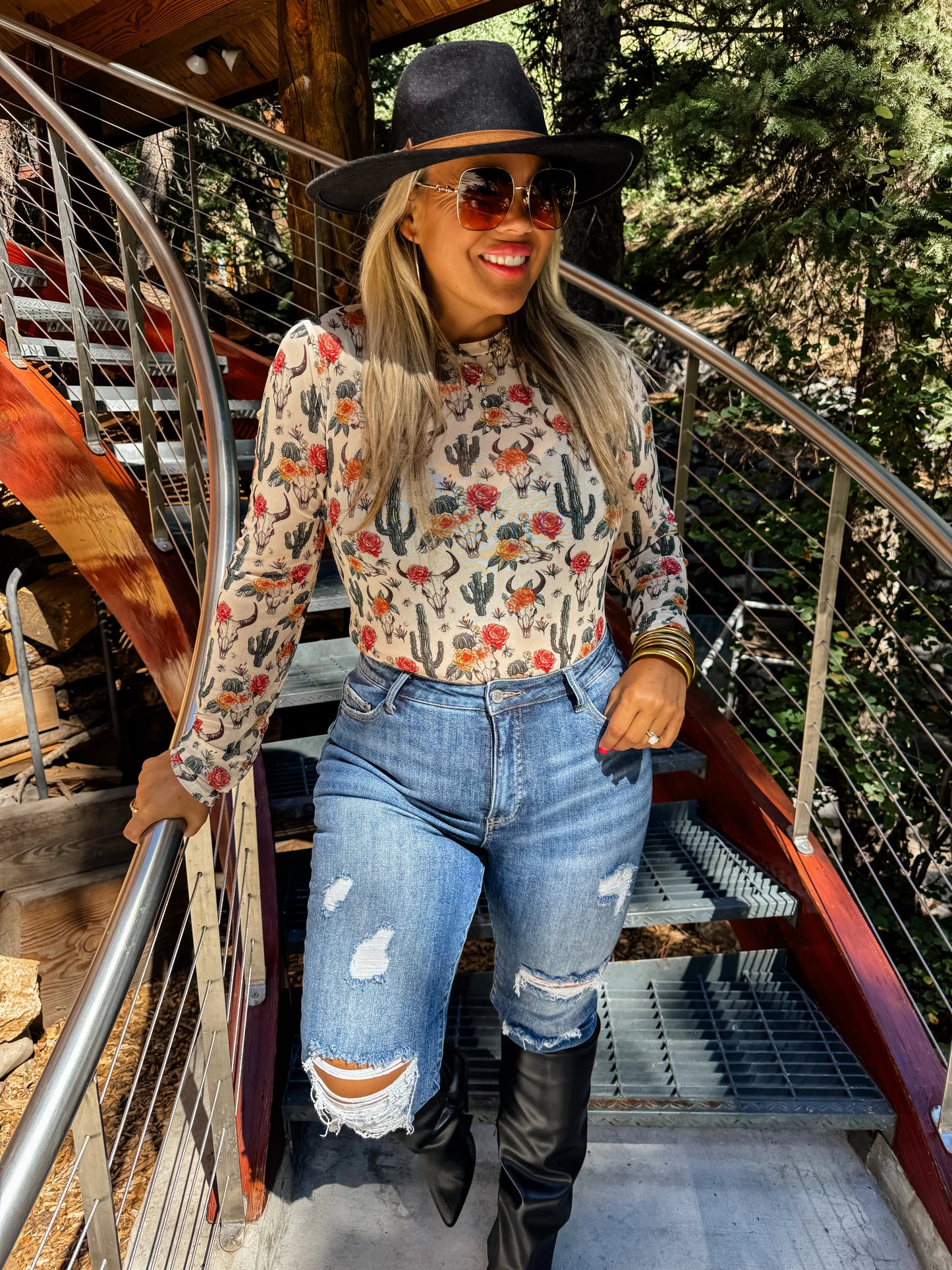 Western Print Mesh Top