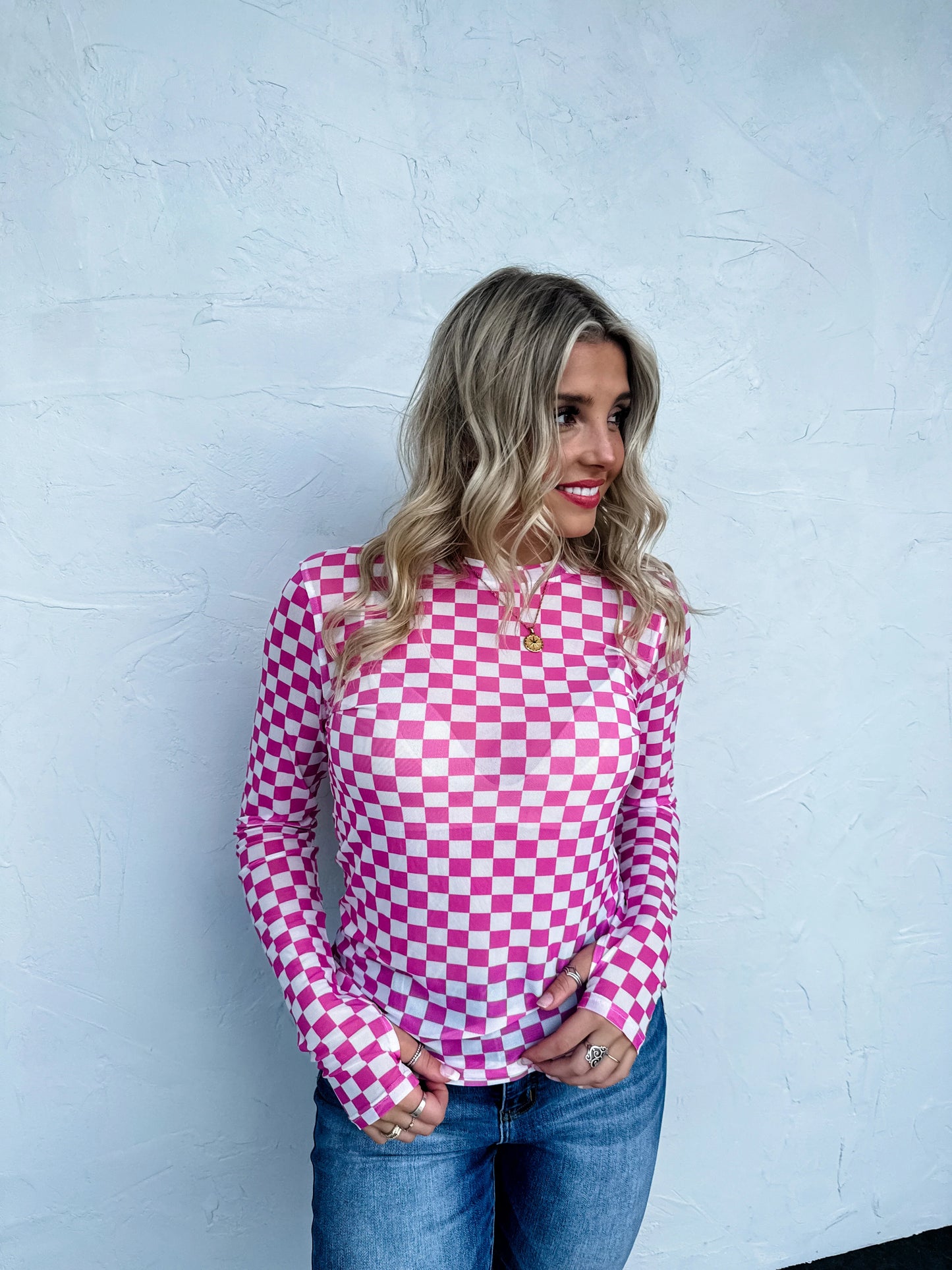 Pink Checkered Mesh Top