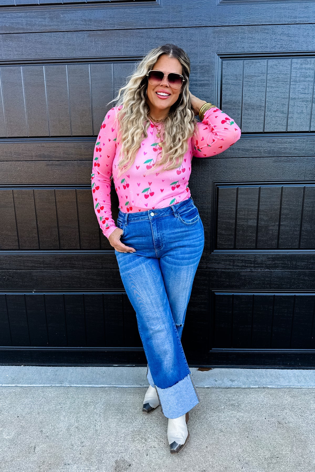 Cherry Print Mesh Top