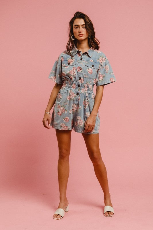 Lesson Learned ~ Floral Print Denim Romper