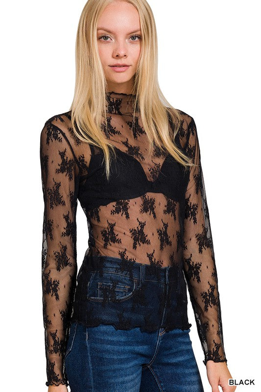Jess ~ Black Mesh Long Sleeve Top