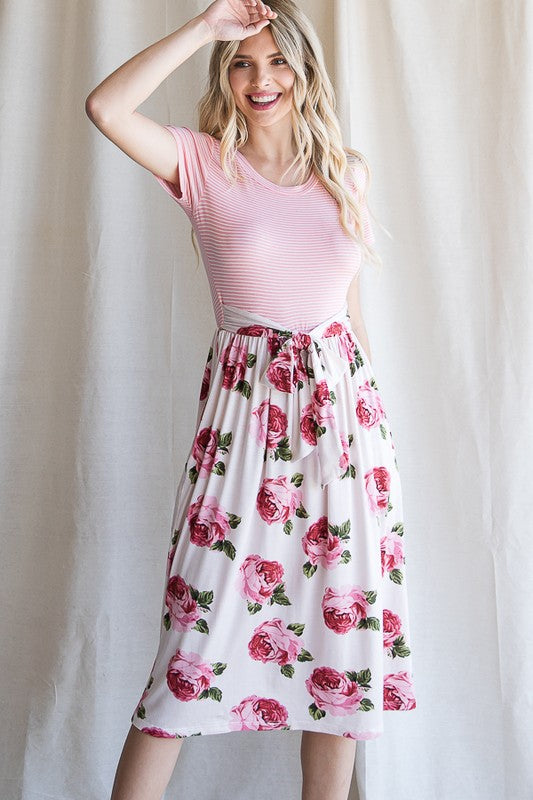 All My Life ~ Stripe and Floral Print Midi Dress