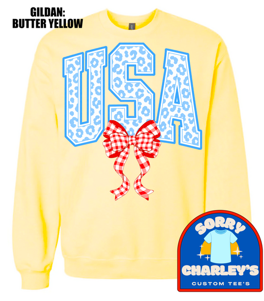 Blue Leopard and Gingham USA Patriotic Butter Yellow T-Shirt or Crewneck Sweatshirt