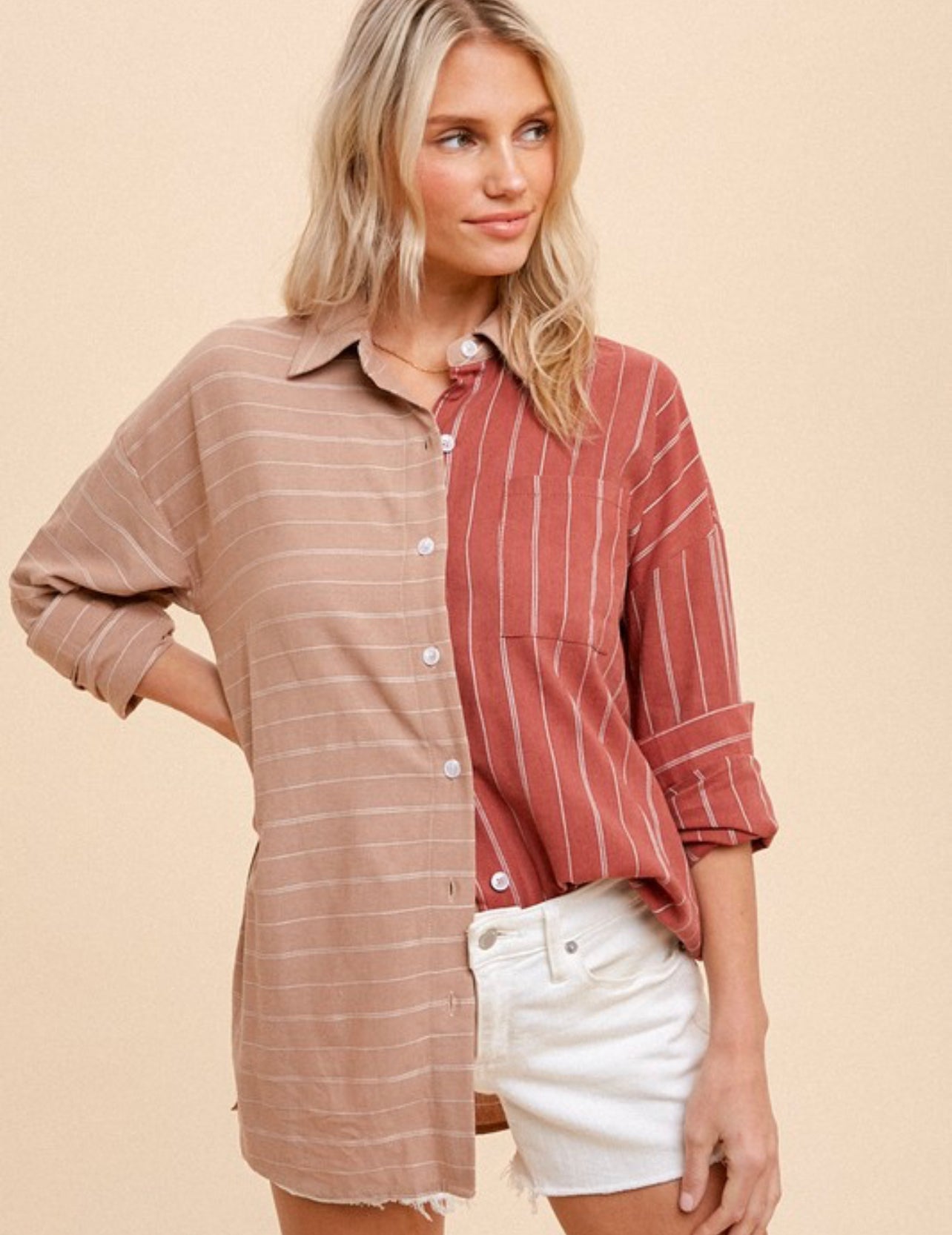 On The Agenda ~ Rust and Khaki Button Down Top