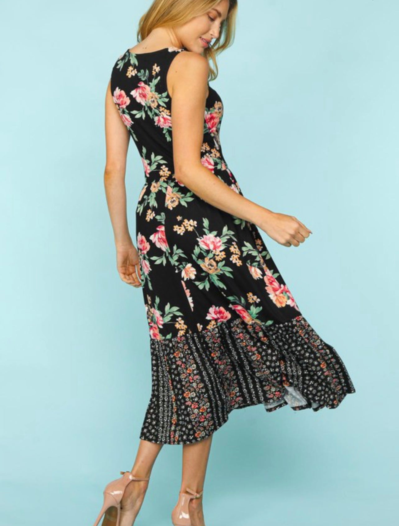 Aubree ~ Black Floral Midi Dress