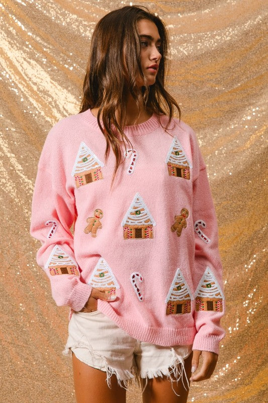 Gingerbread Village ~ Pink Christmas Sweater