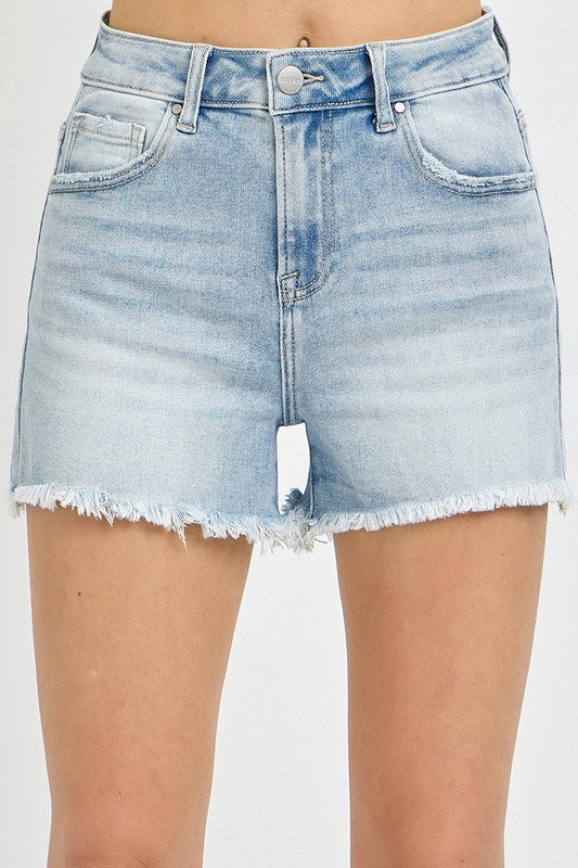 Victoria ~ High Rise Frayed Hem Denim Shorts