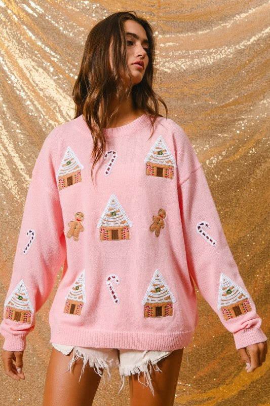 Gingerbread Village ~ Pink Christmas Sweater
