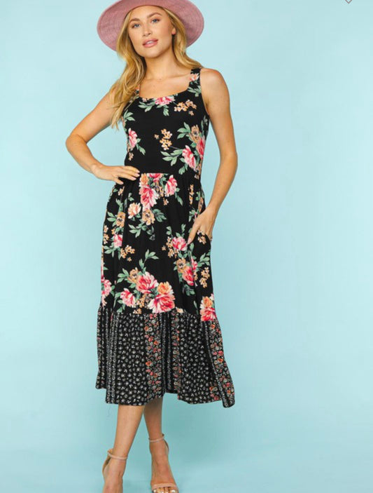 Aubree ~ Black Floral Midi Dress