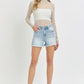 Victoria ~ High Rise Frayed Hem Denim Shorts