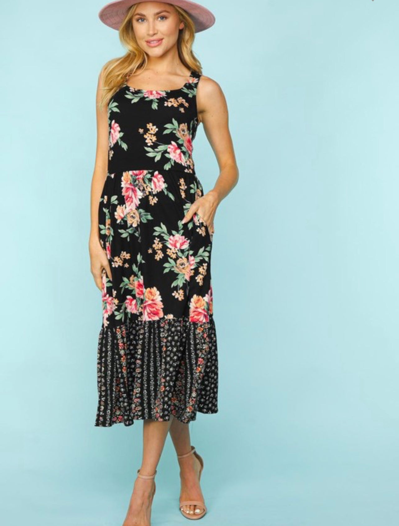 Aubree ~ Black Floral Midi Dress