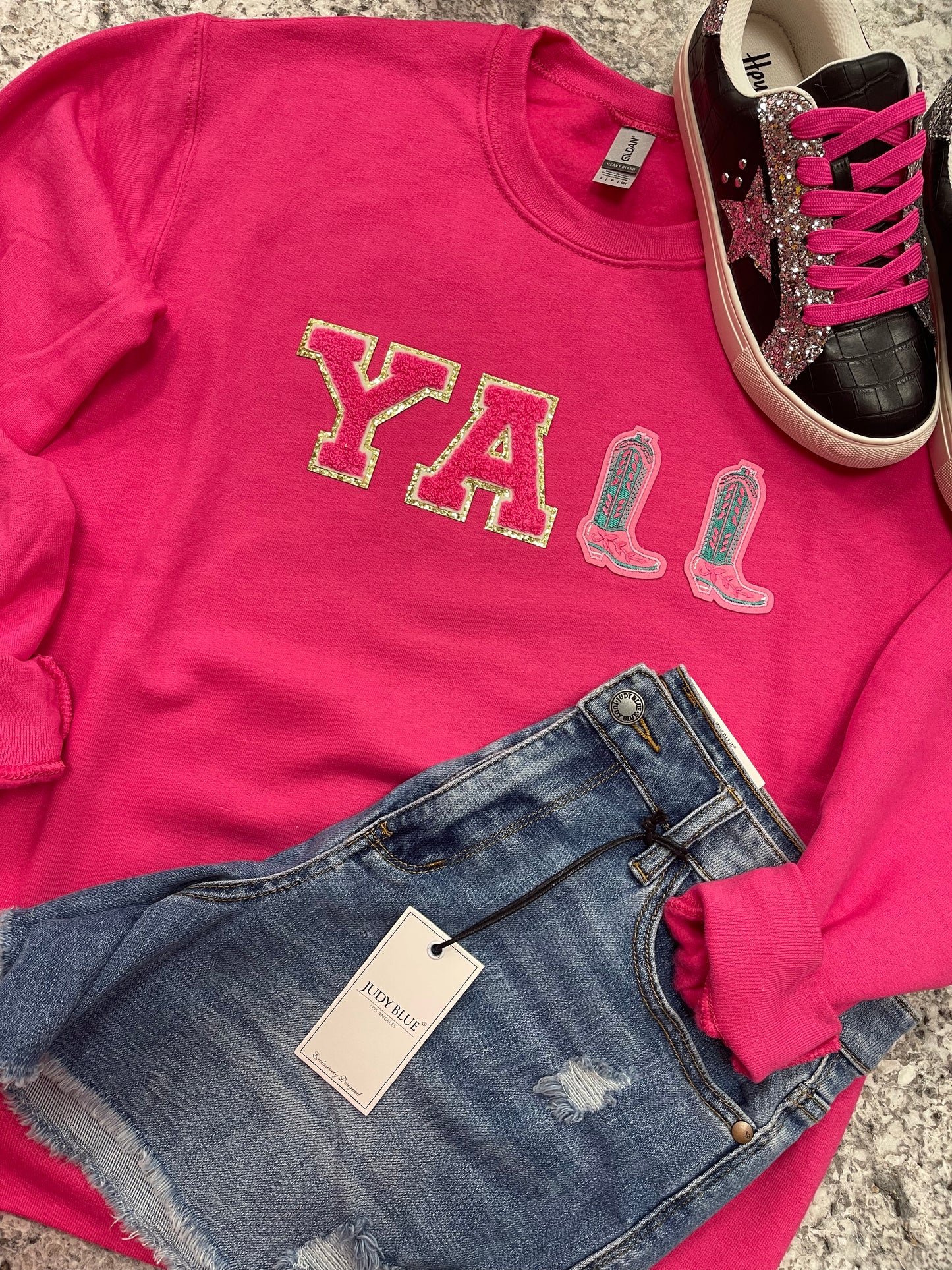 Y’ALL ~ Cowgirl Boot Pink Sweatshirt