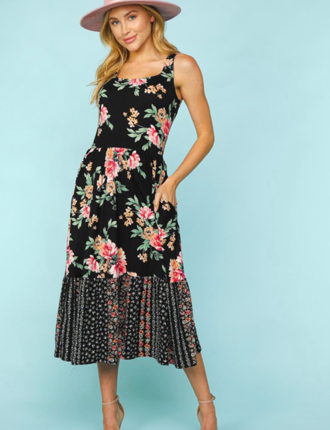 Aubree ~ Black Floral Midi Dress