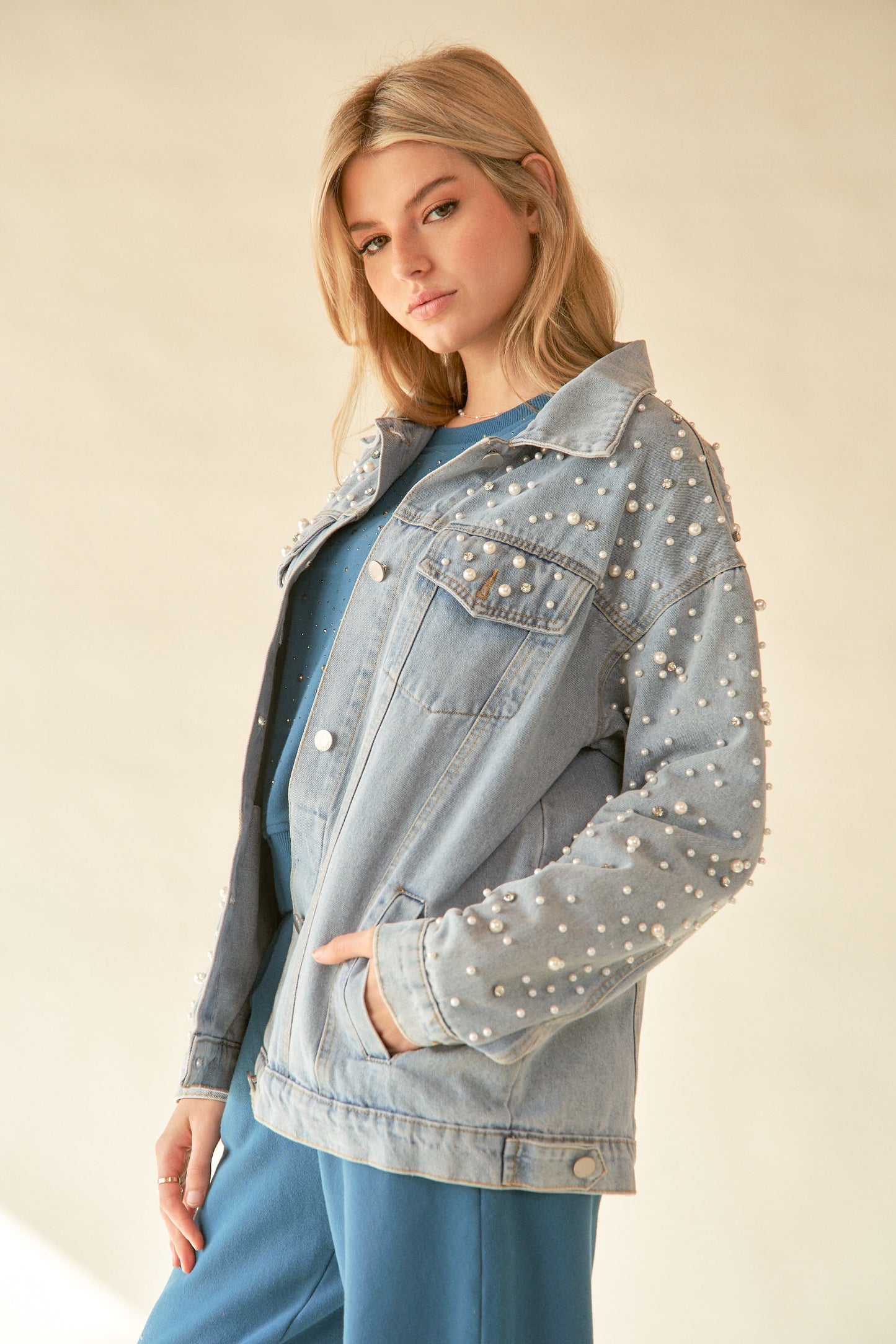 Pearl Rhinestone Denim Jacket