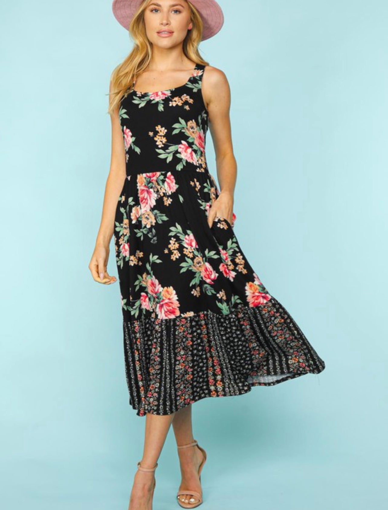 Aubree ~ Black Floral Midi Dress