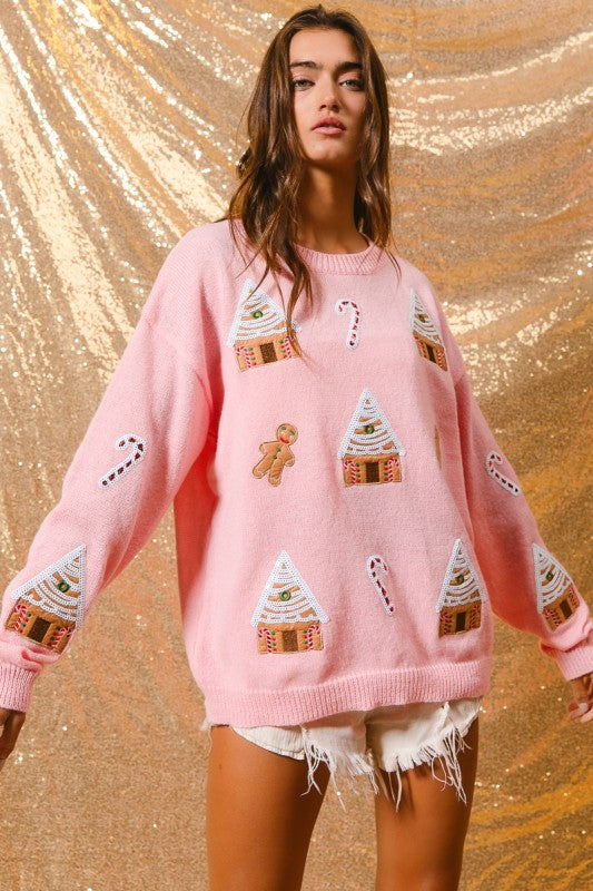 Gingerbread Village ~ Pink Christmas Sweater
