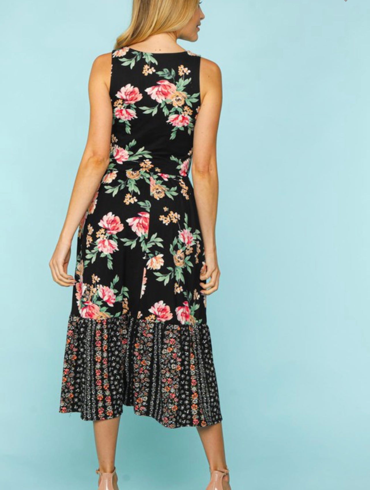 Aubree ~ Black Floral Midi Dress