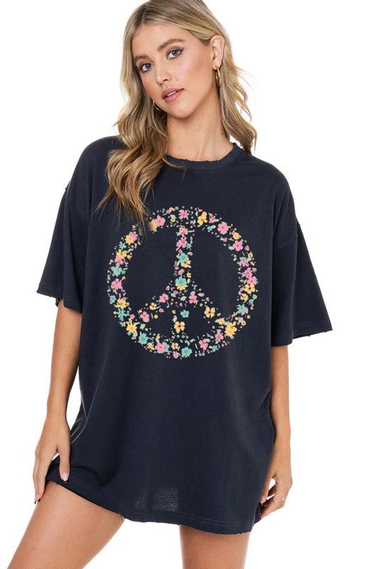 Floral Peace Sign ~ Oversized Graphic Tee