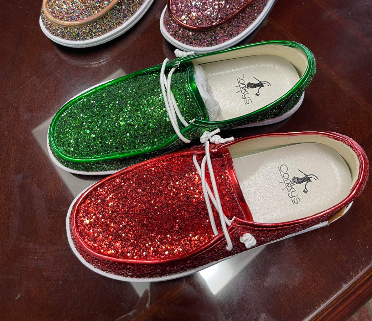 Kayak ~ Corky’s Green Glitter Slip On Shoes