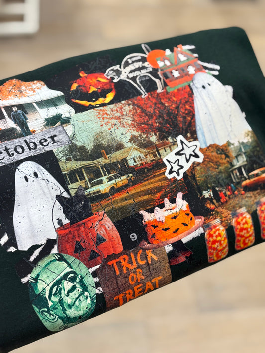 Queen of October Collage ~ Dark Green Crewneck Sweatshirt