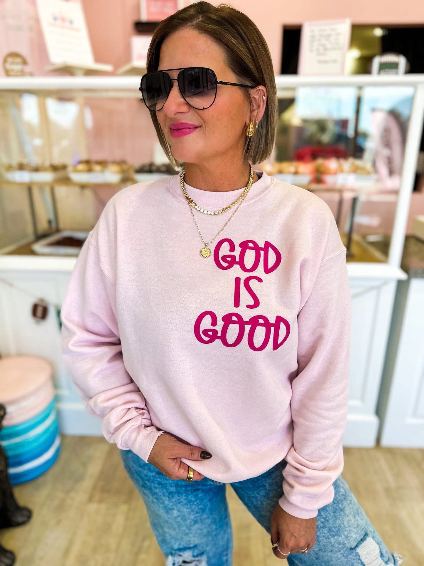 God Is Good ~ Pink Crewneck Sweatshirt