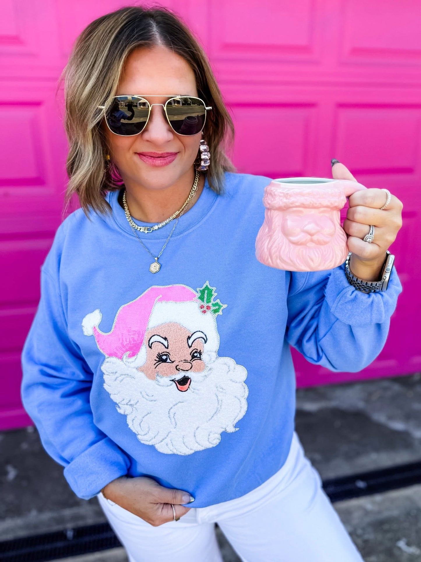 Pink Sequin Santa Patch Crewneck Sweatshirt
