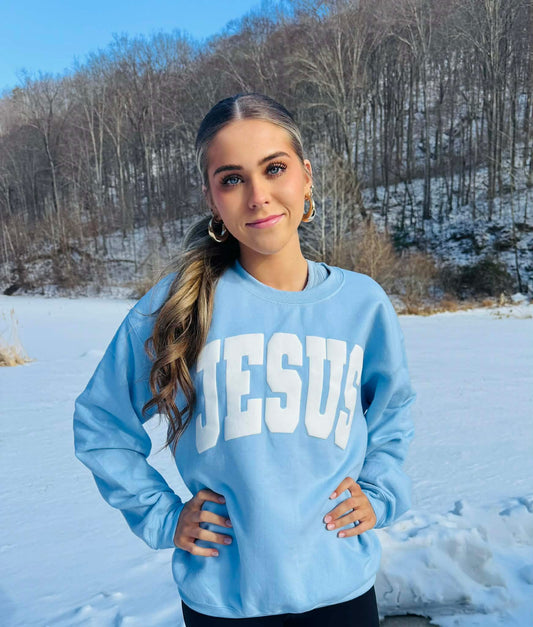 JESUS ~ Puff Print Baby Blue Crewneck