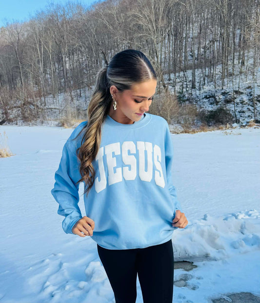 JESUS ~ Puff Print Baby Blue Crewneck