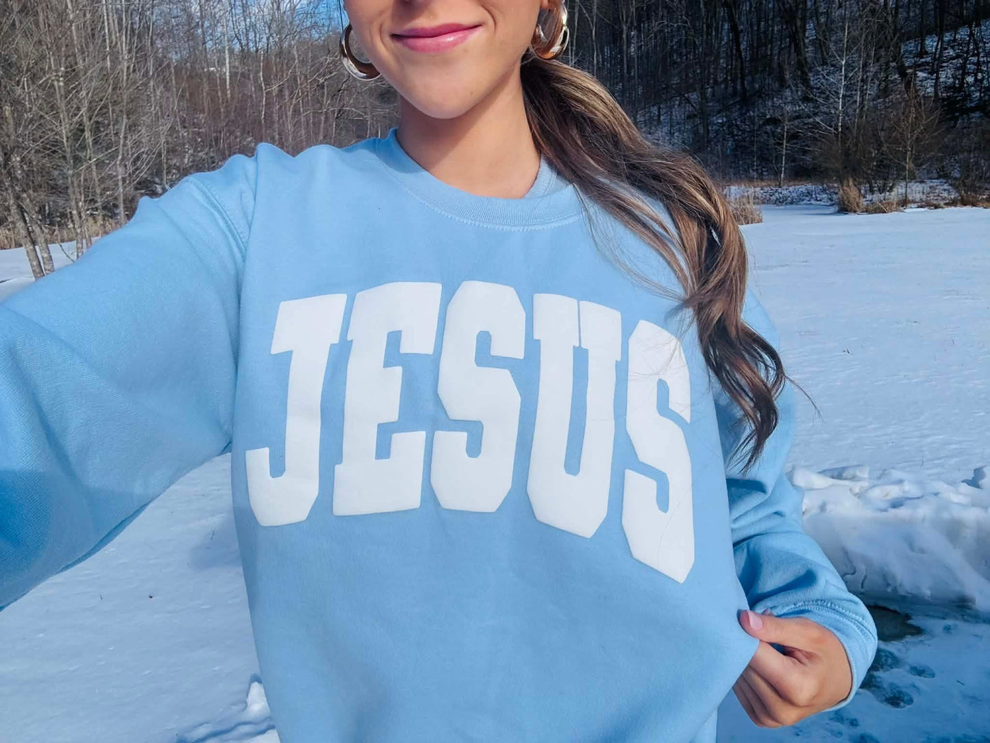 JESUS ~ Puff Print Baby Blue Crewneck