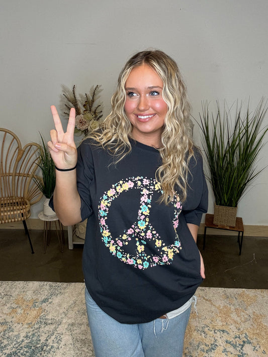 Floral Peace Sign ~ Oversized Graphic Tee