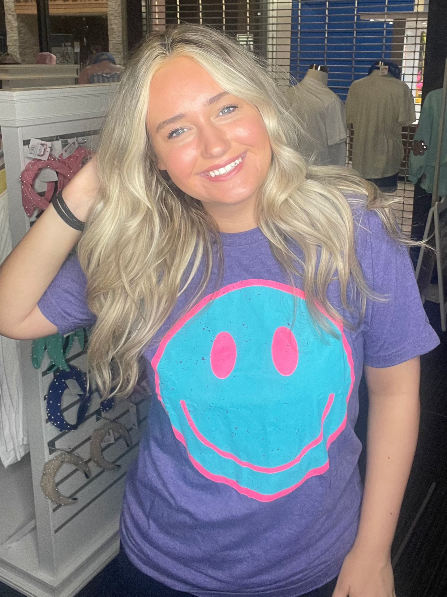 Smiley Face ~ Purple and Teal Graphic Tee