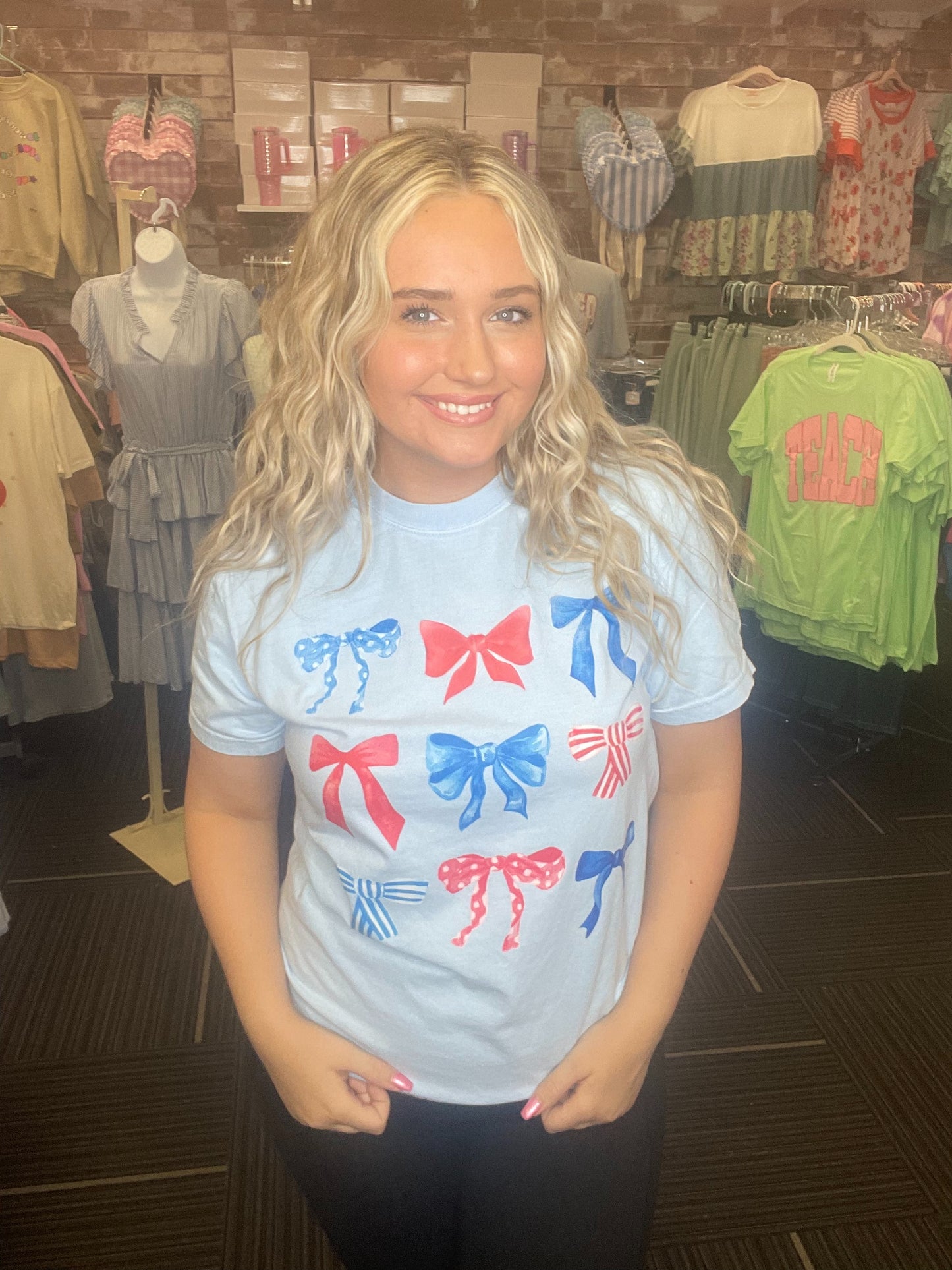 Coquette Patriotic Bow ~ Baby Blue Comfort Colors Tee