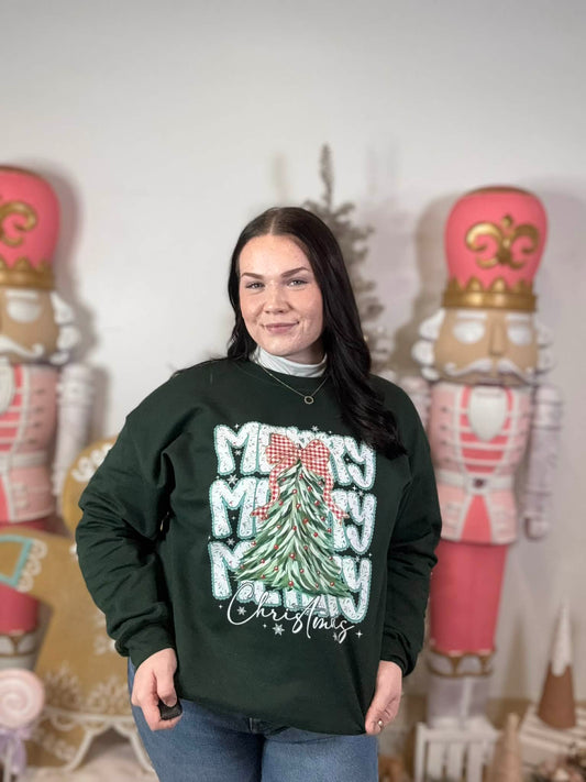 Gingham Bow Merry Christmas Tree Crewneck Sweatshirt