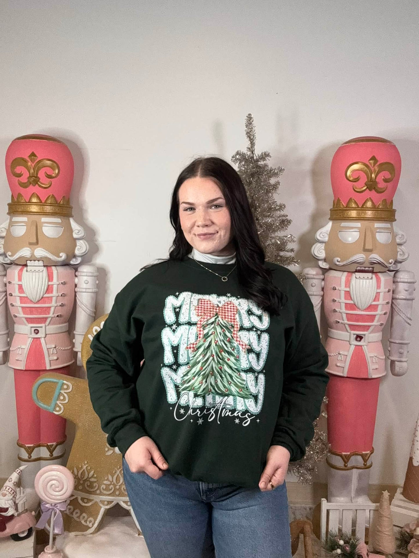 Gingham Bow Merry Christmas Tree Crewneck Sweatshirt