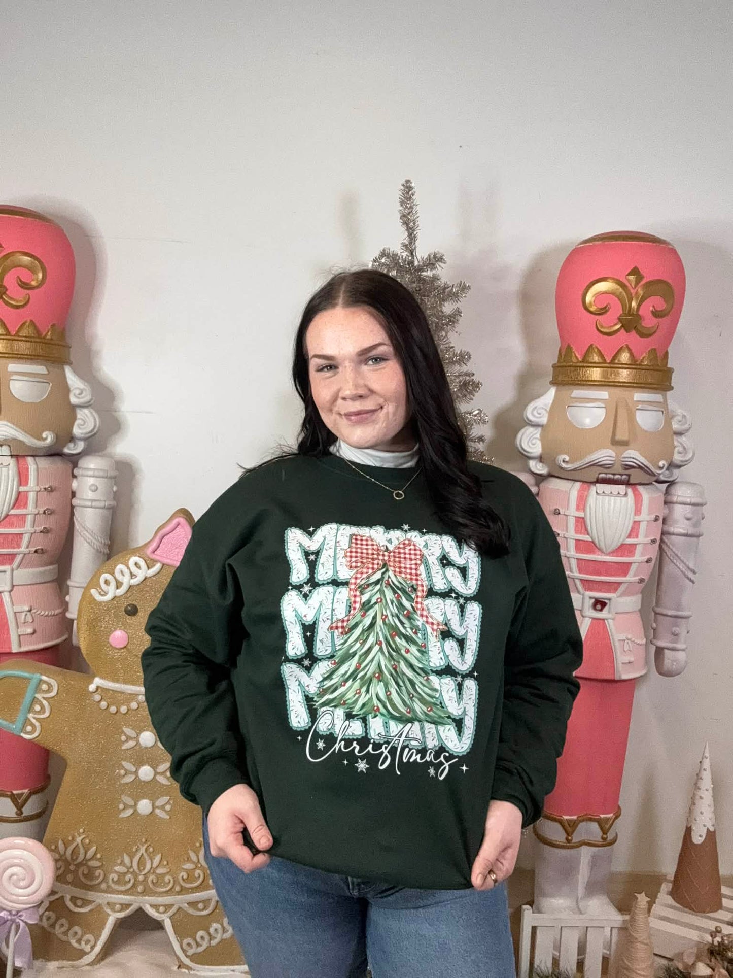 Gingham Bow Merry Christmas Tree Crewneck Sweatshirt