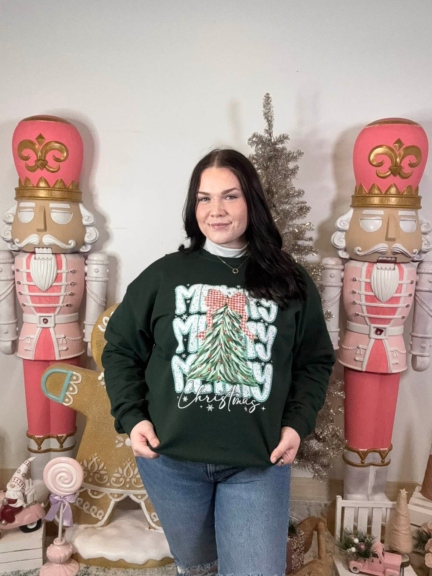 Gingham Bow Merry Christmas Tree Crewneck Sweatshirt