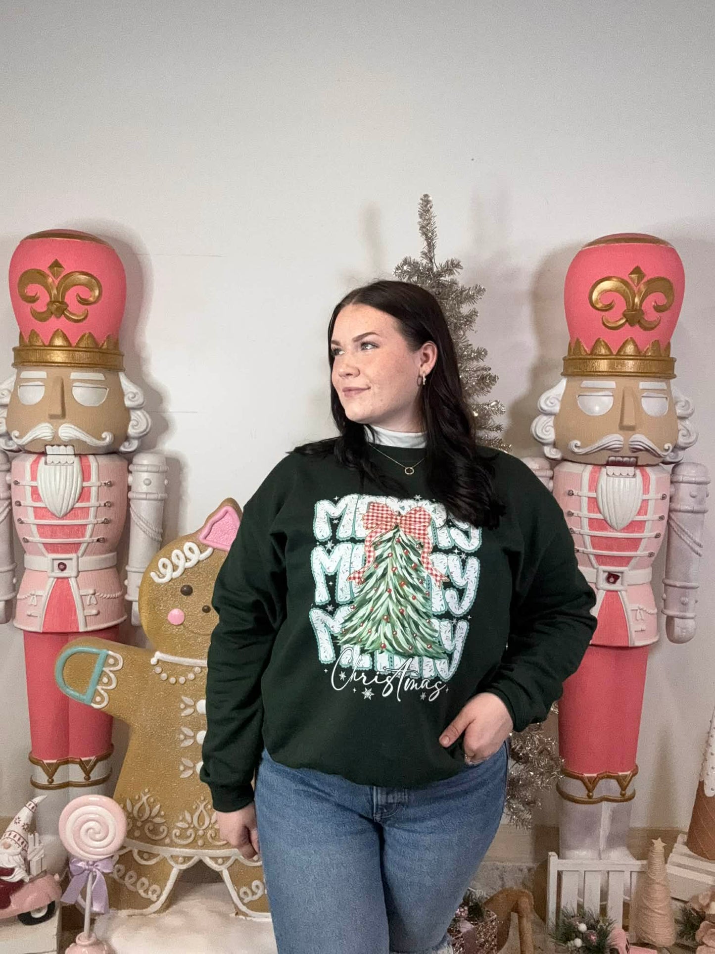 Gingham Bow Merry Christmas Tree Crewneck Sweatshirt