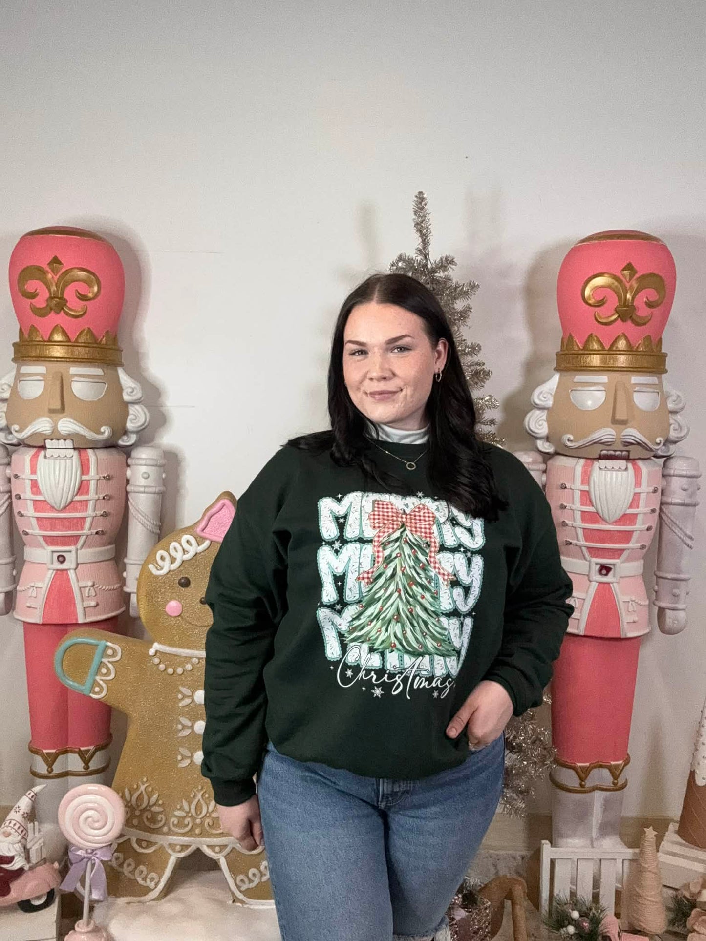 Gingham Bow Merry Christmas Tree Crewneck Sweatshirt