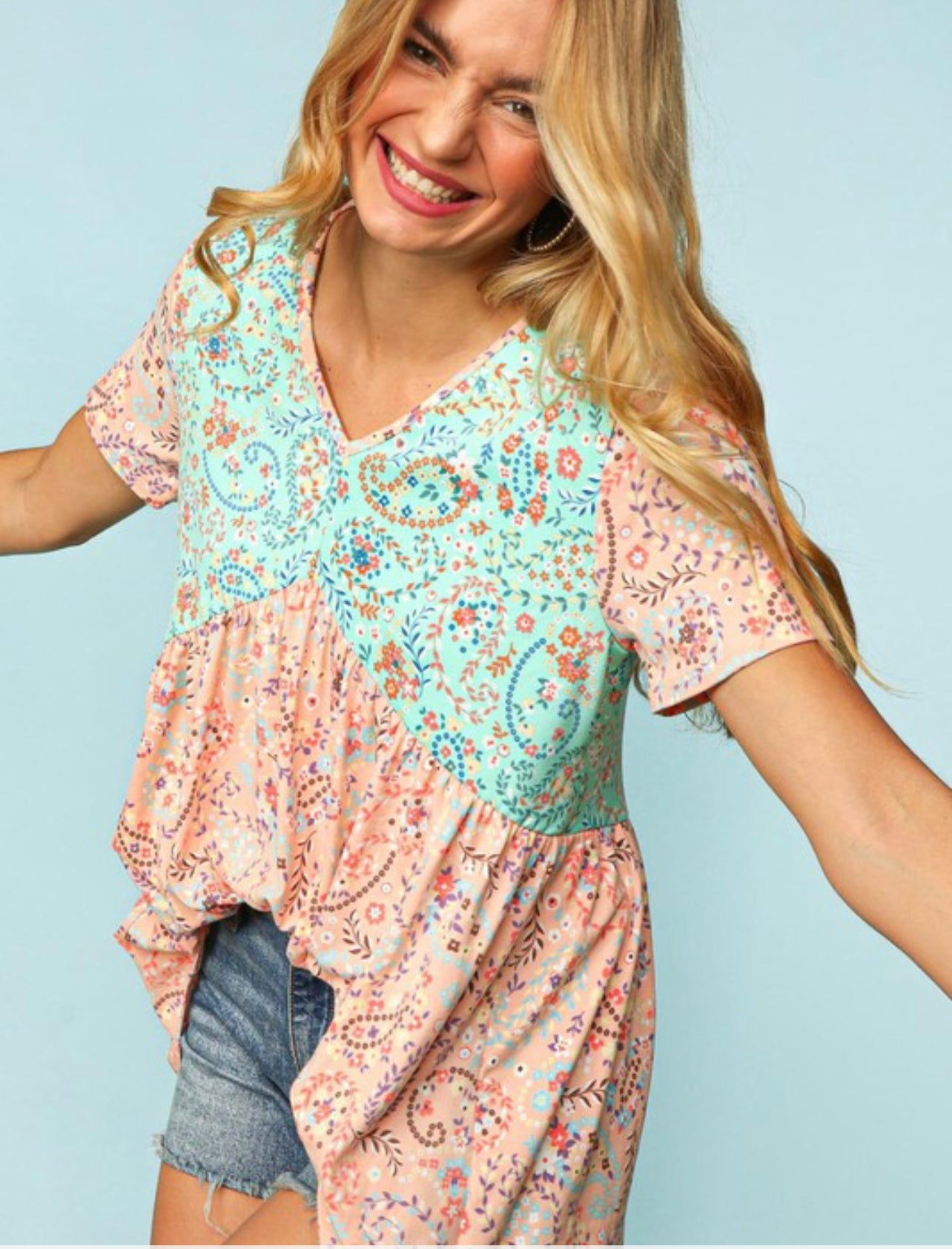 Nellie ~ Mint and Peach Paisley Print Babydoll top