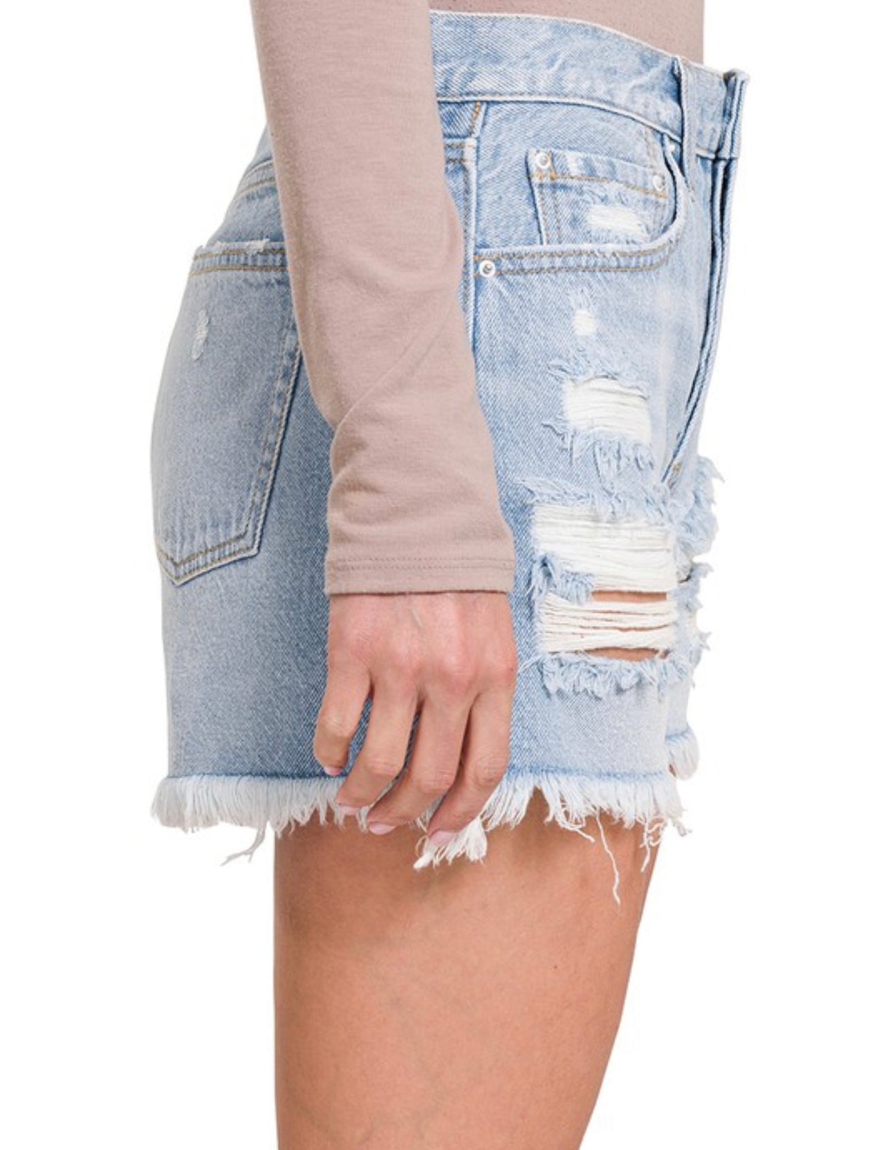 Vivi ~ Lite Wash distressed denim shorts