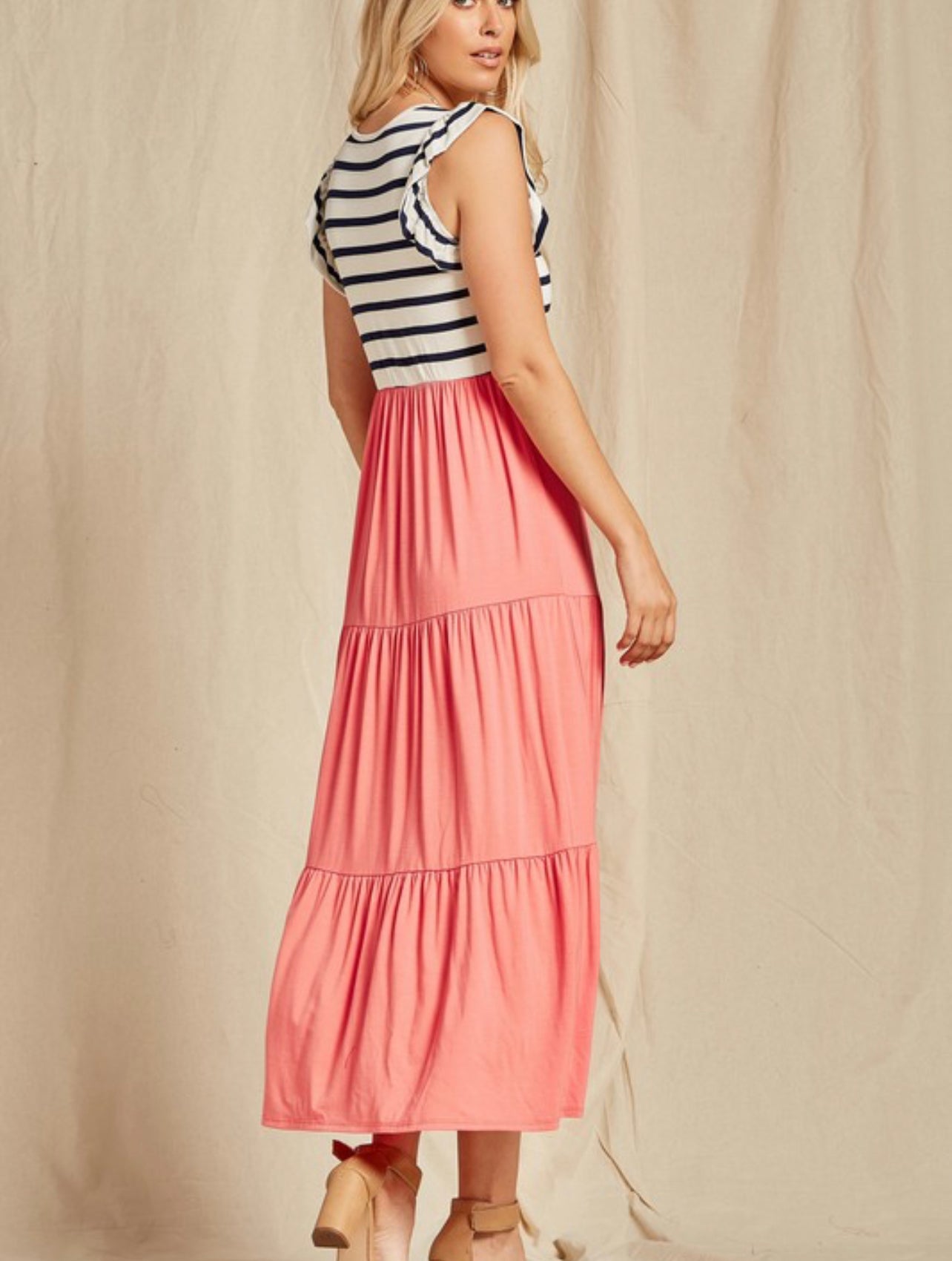 The Sweetest Thing ~ Coral Striped Midi Dress with Flutter Sleeve