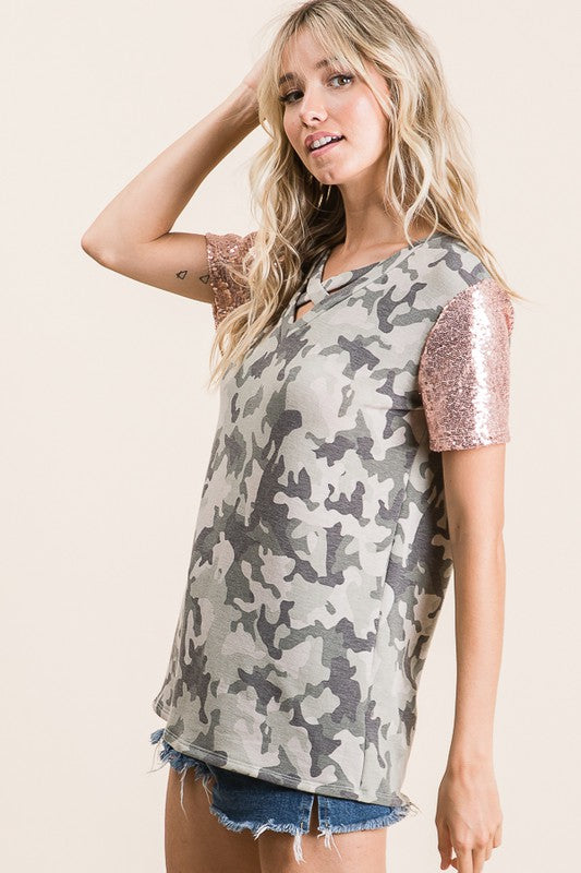 Ready For Duty ~ Sequin Sleeve Camo Top