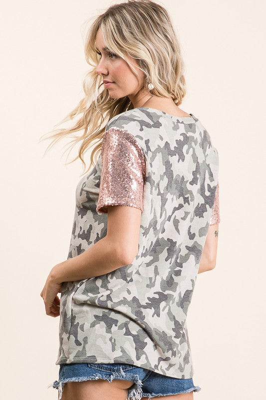 Ready For Duty ~ Sequin Sleeve Camo Top