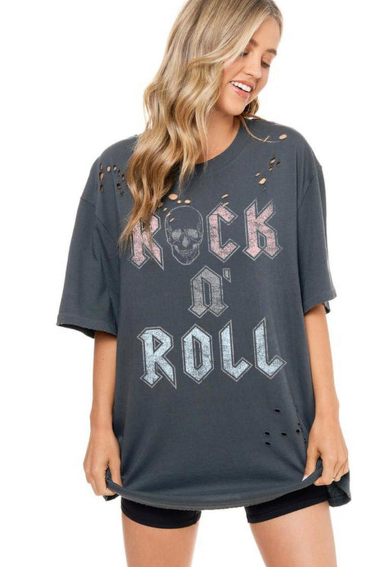 Rock N Roll Oversized Gray Distressed Tee