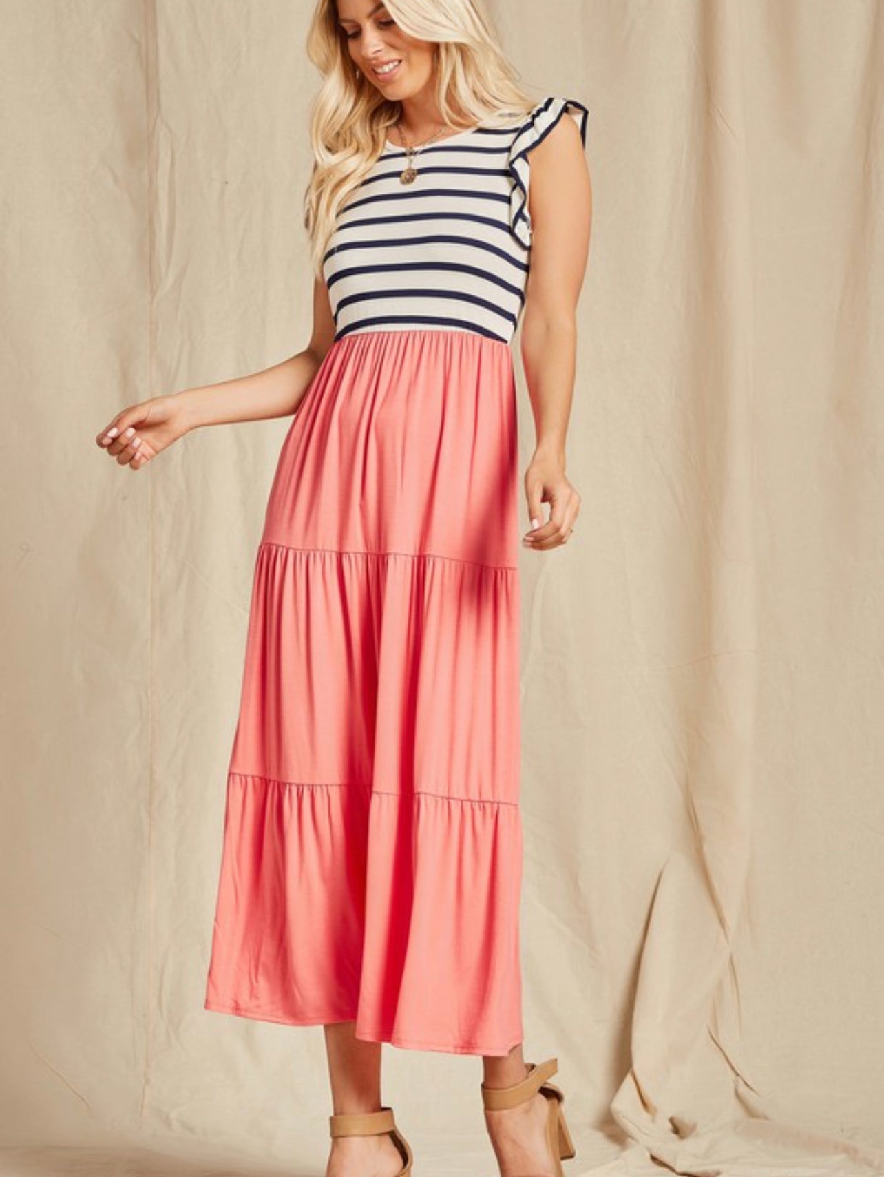 The Sweetest Thing ~ Coral Striped Midi Dress with Flutter Sleeve