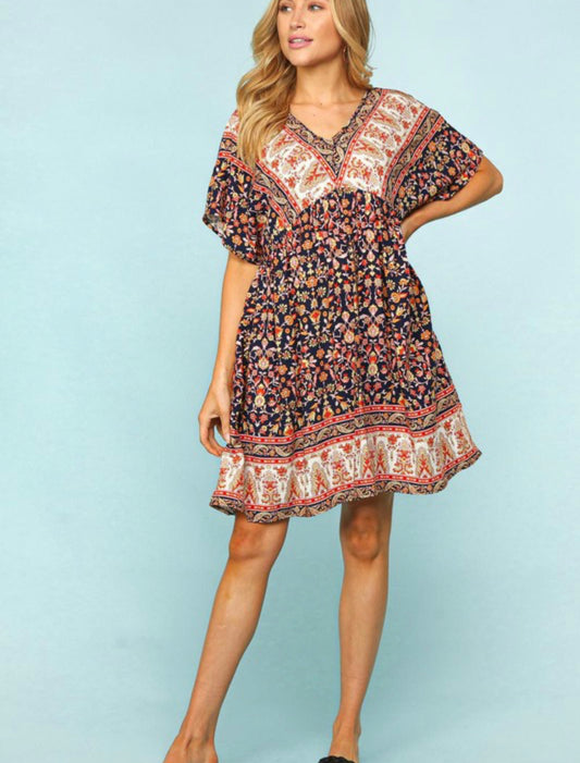 Nadine ~ Navy Boho Paisley Print Dress